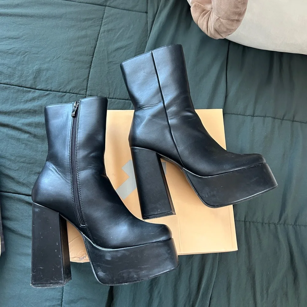 Black Platform Ankle Boots with Block Heel - Women